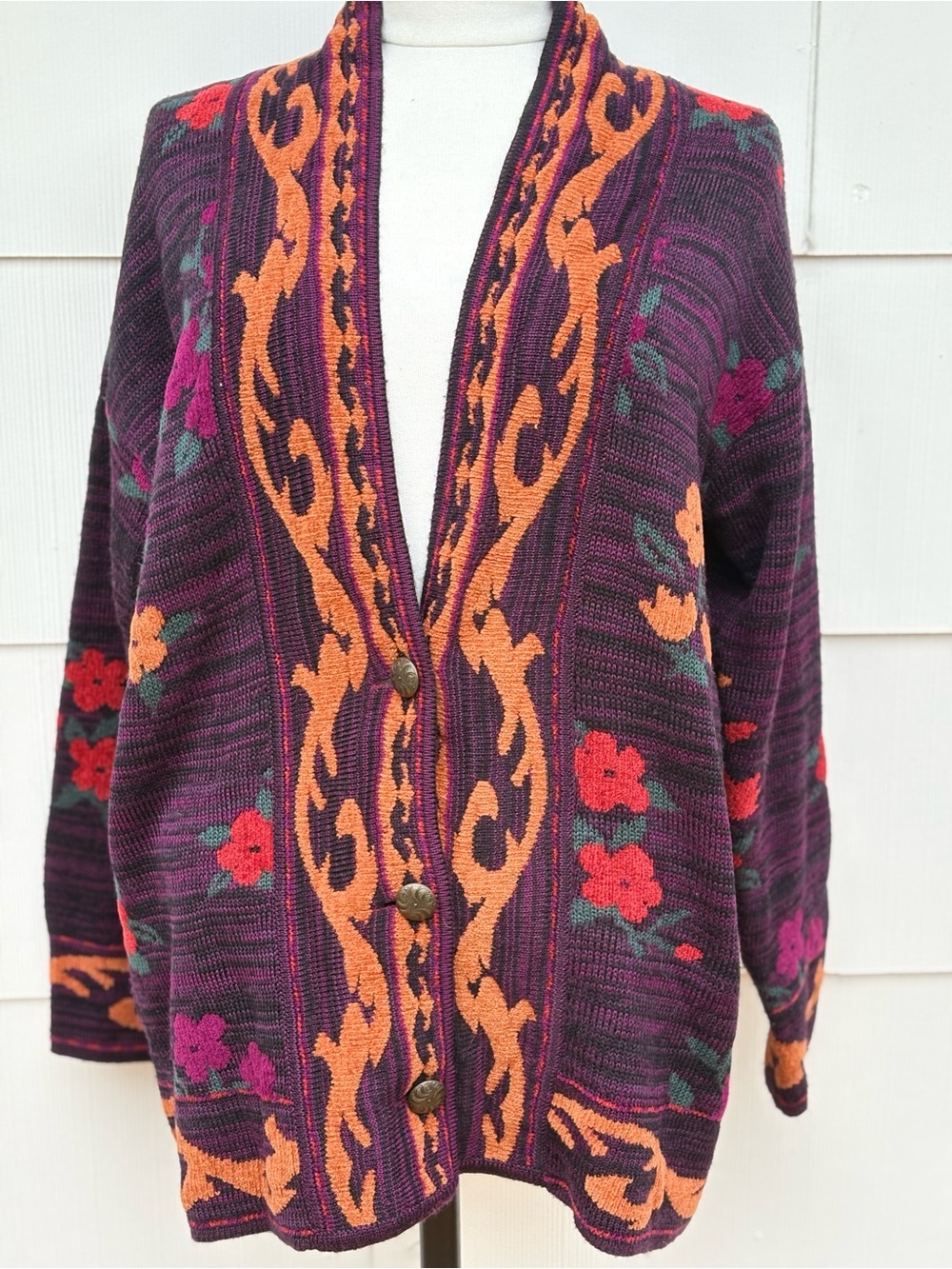 Vtg Carole Little cardigan sweater women’s L black floral knit 80/90s BoHo artsy - Picture 10 of 10